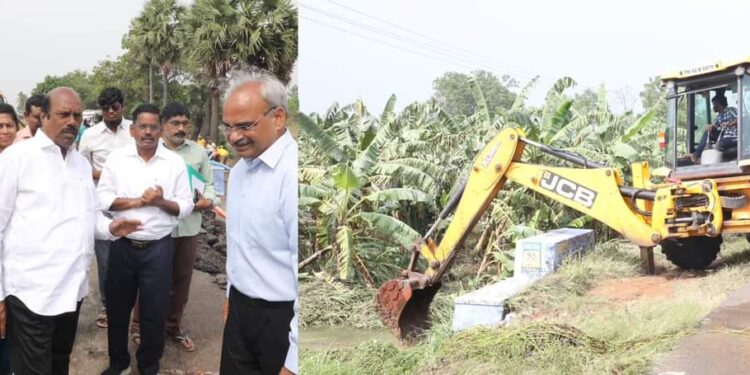 சேதமடைந்த சாலைகளை சீரமைக்கும் பணிகளை அமைச்சர் எ.வ.வேலு ஆய்வு.