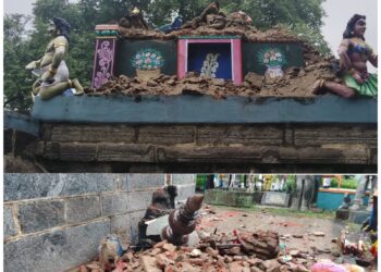 திட்டக்குடி பகுதியில் கனமழை: கோயில் கோபுரம் இடிந்து விழுந்தது