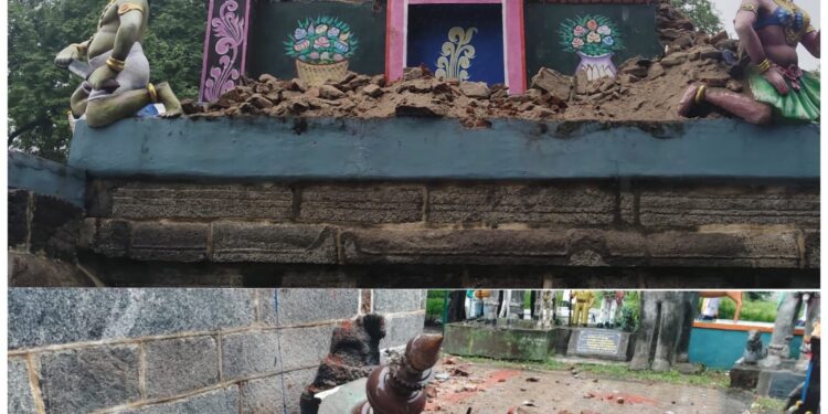 திட்டக்குடி பகுதியில் கனமழை: கோயில் கோபுரம் இடிந்து விழுந்தது
