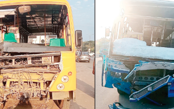 தனியார் பள்ளி பேருந்து-அரசு பேருந்து மோதல்